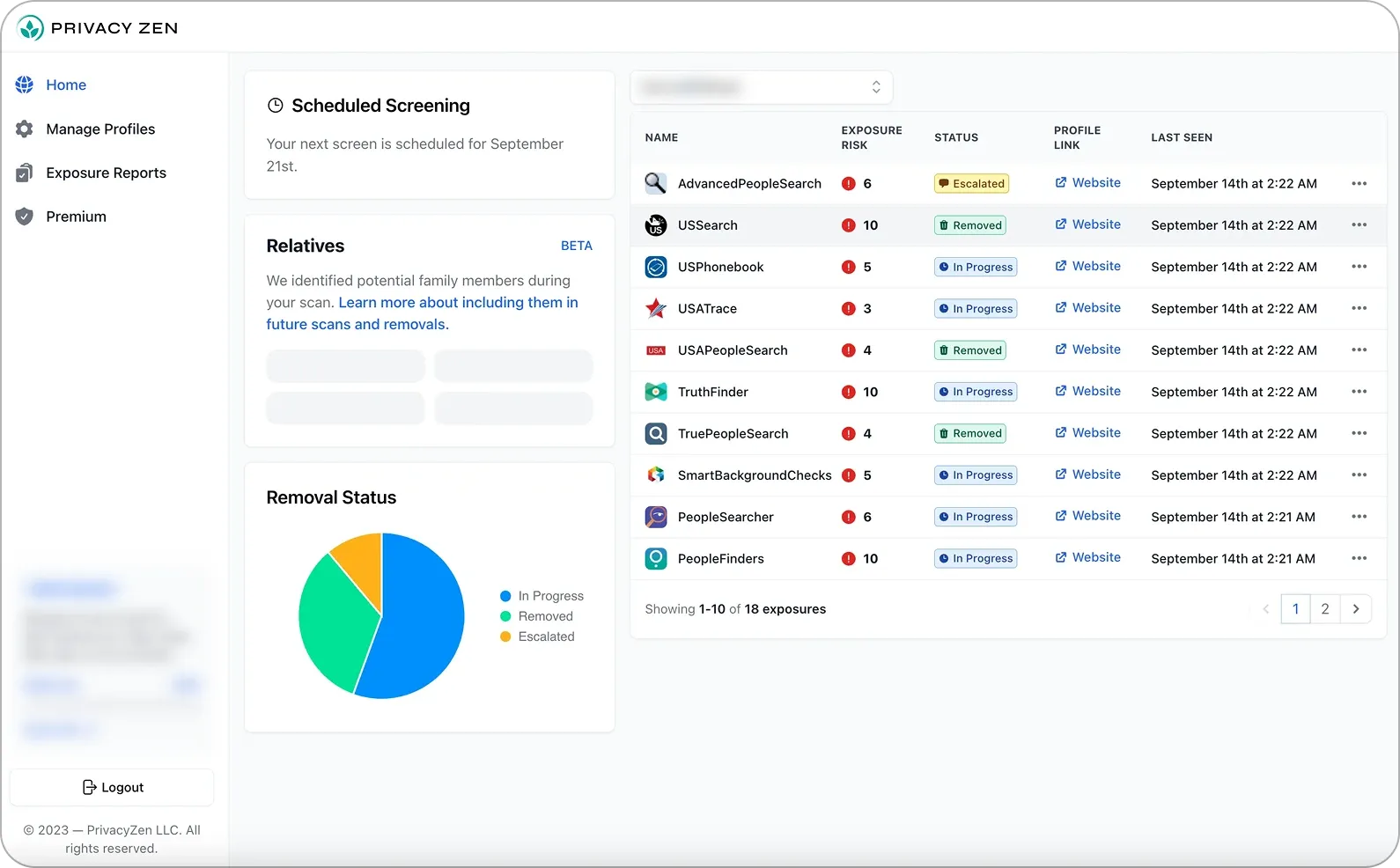 PrivacyZen Dashboard Screen